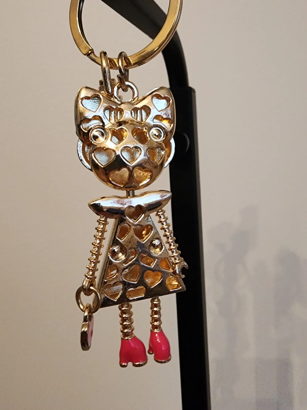 Gold And Crystal Heart Doll Keychain Bag Charm w/ Black Enamel and Pink Accents